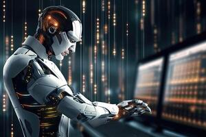 automation data analytic with robot and digital visualization for big data scientist. artificial intelligence concept. photo