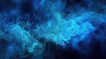 Tormentoso ola de azul partícula textura pintar, evocando vapor y niebla en un oscuro negro resumen antecedentes. brillante fumar. Brillantina líquido. tinta agua. magia neblina. ai generado foto