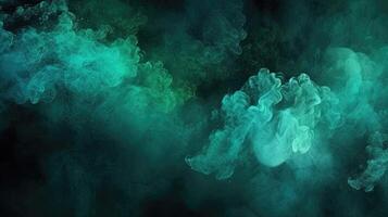 Fusion of Shimmering Blue and Green Glitter, Creating a Misty Steam Cloud on a Dark Black abstract art background. Color mist. Ink water. Haze texture. Fantasy night sky. photo