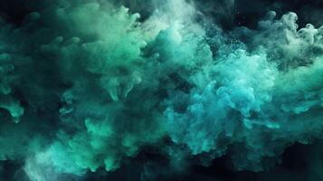 Fusion of Shimmering Blue and Green Glitter, Creating a Misty Steam Cloud on a Dark Black abstract art background. Color mist. Ink water. Haze texture. Fantasy night sky. photo