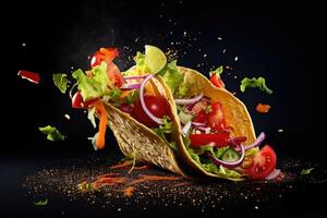 Sizzling hot taco with a medley of flying ingredients, showcased on a striking black background. AI Generated photo