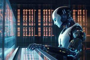 automation data analytic with robot and digital visualization for big data scientist. artificial intelligence concept. photo