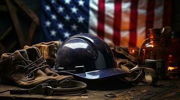 Labor day celebration. Work helmet, various tools for the worker. Generative AI photo
