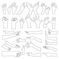 Hands poses. Female hand holding and pointing gestures, fingers crossed, fist, peace and thumb up. Cartoon human palms and wrist vector set. Communication or talking with emoji for messengers