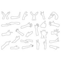 Hands poses. Female hand holding and pointing gestures, fingers crossed, fist, peace and thumb up. Cartoon human palms and wrist vector set. Communication or talking with emoji for messengers