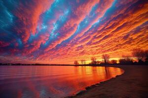 The sun illuminates the colorful clouds, Utterly spectacular sunset. AI Generated photo