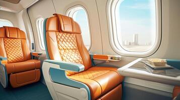 First class business luxury expensive private jet airline seats with windows service for vacation and corporate airplane travel. photo