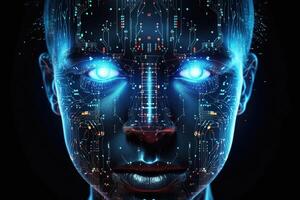 Artificial intelligence AI digital human face. Big data, cyber security. Artificial intelligence concept. AI Generated photo