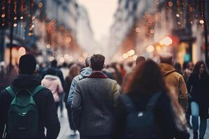 Crowd of people walking in the street. AI Generated photo