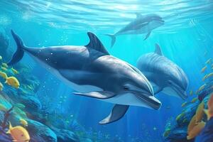 Group of dolphins in colorful underwater. AI Generated photo