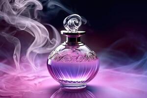 Crystal perfume bottle luxury glass against a backdrop of swirling smoke wave background in pink purple theme. AI Generated photo