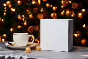 white blank box mockup on christmas background with lights,AI generated. photo