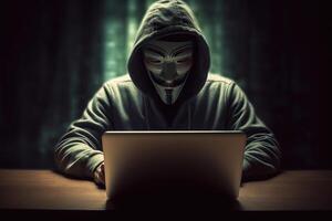 anónimo hacker mecanografía en computadora ordenador portátil. hackear computadora sistema, ciber delito, ciber seguridad, ciberdelincuencia, ciber ataque. ai generado foto