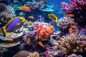 Colorful coral underwater in ocean with group of colorful fish and sea animals. AI Generated photo