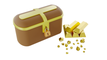 3D rendering of fantasy treasure box with gold bars and ore png