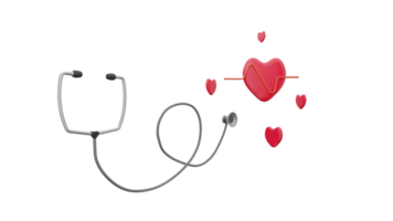 3D rendering of stethoscope with heart, heartbeat, pulse on white png