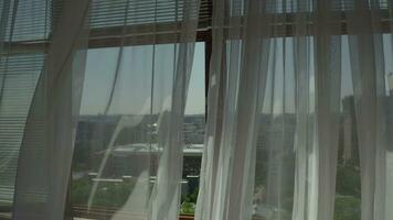 uma janela com puro cortinas e uma cidade Visão video
