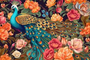 Peacocks and flowers in bright colors background with Exotic oriental pattern. AI Generated photo