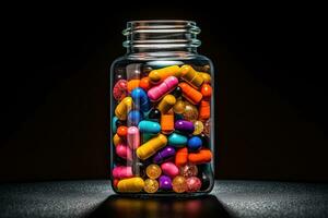 multi de colores píldora en tarro oscuro antecedentes. medicamento, cápsula, droga, salud cuidado, pastillas ai generado foto