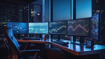 Empty Office Workplace with a Desk with Multiple Computer Screen. Programming Code, Big Data, Artificial Intelligence, Neural Network Technology. photo