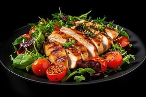 Grilled Chicken Breast and Fresh Green Salad. A Delightful Combination of Crisp Vegetables, arugula, Tomatoes, and Olives on a Black Background. AI Generated photo