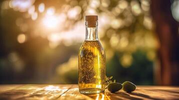 A bottle of golden olive oil placed on a wooden table, surrounded by olive fields basked in the morning sunshine. AI Generated photo