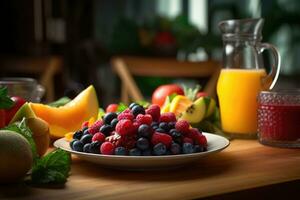 un refrescante mezcla de naranja jugo y bayas con desayuno ensalada plato en el de madera mesa en el moderno cocina. ai generado foto