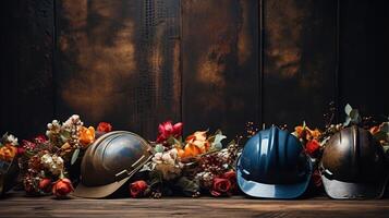 Labor day celebration. Work helmet, various tools for the worker. Generative AI photo