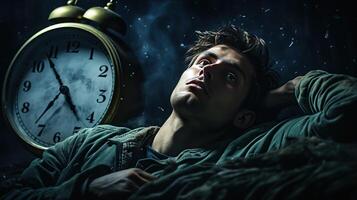 Insomnia. Moonlit sky, bed and clock. Created with photo