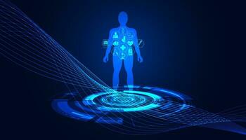 resumen tecnología Ciencias concepto humano datos salud digital íconos medicina análisis en Hola tecnología futuro diseño antecedentes vector