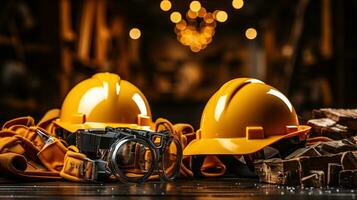 Labor day celebration. Work helmet, various tools for the worker. Generative AI photo