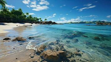 blanco arenoso playa en un tropical isla y claro mar. paraíso aislado isla. creado con generativo ai foto