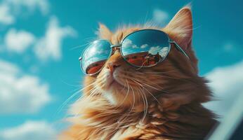 rojo gato en Gafas de sol en un azul antecedentes. creado con generativo ai foto