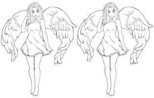 Black Angel Anime Girl Line Art vector