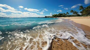 blanco arenoso playa en un tropical isla y claro mar. paraíso aislado isla. creado con generativo ai foto