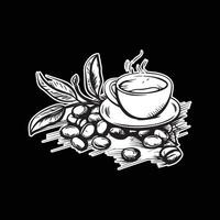 sketch illustrations a cup of coffee and coffee beans black and white vector