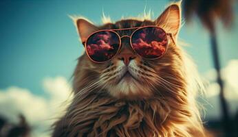 rojo gato en Gafas de sol en un azul antecedentes. creado con generativo ai foto