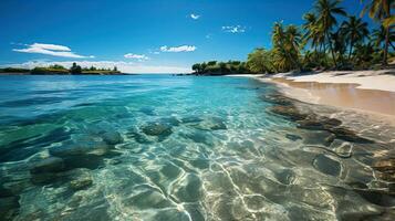 blanco arenoso playa en un tropical isla y claro mar. paraíso aislado isla. creado con generativo ai foto