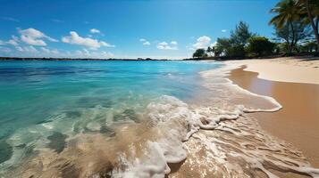 blanco arenoso playa en un tropical isla y claro mar. paraíso aislado isla. creado con generativo ai foto