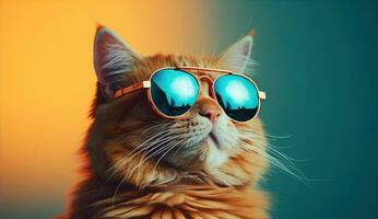 rojo gato en Gafas de sol en un azul antecedentes. creado con generativo ai foto