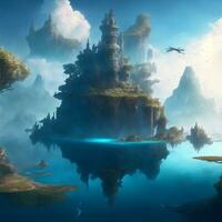 mystical scenery of floating islands, ancient ruins and magical artefacts illustration photo