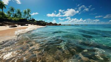 White sandy beach on a tropical island and clear sea. Paradise secluded island. Created with Generative AI photo