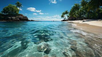 blanco arenoso playa en un tropical isla y claro mar. paraíso aislado isla. creado con generativo ai foto