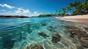 blanco arenoso playa en un tropical isla y claro mar. paraíso aislado isla. creado con generativo ai foto