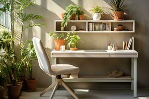 Interior design of home office space with stylish wooden desk, beautiful chair, laptop, platns. Created with Generative AI photo