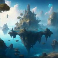 mystical scenery of floating islands, ancient ruins and magical artefacts illustration photo