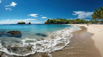 blanco arenoso playa en un tropical isla y claro mar. paraíso aislado isla. creado con generativo ai foto