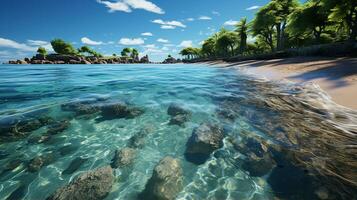 blanco arenoso playa en un tropical isla y claro mar. paraíso aislado isla. creado con generativo ai foto