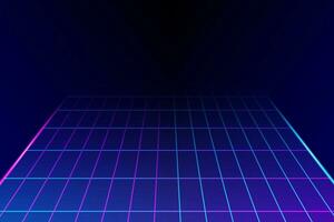 Retro neon light grid landscape background. Abstract futuristic digital cyberpunk 80s style vector