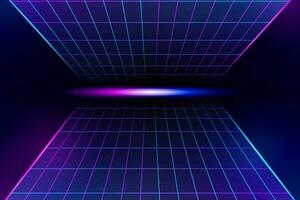 Retro neon grid landscape background. Abstract futuristic digital 80s style with laser and flare vector